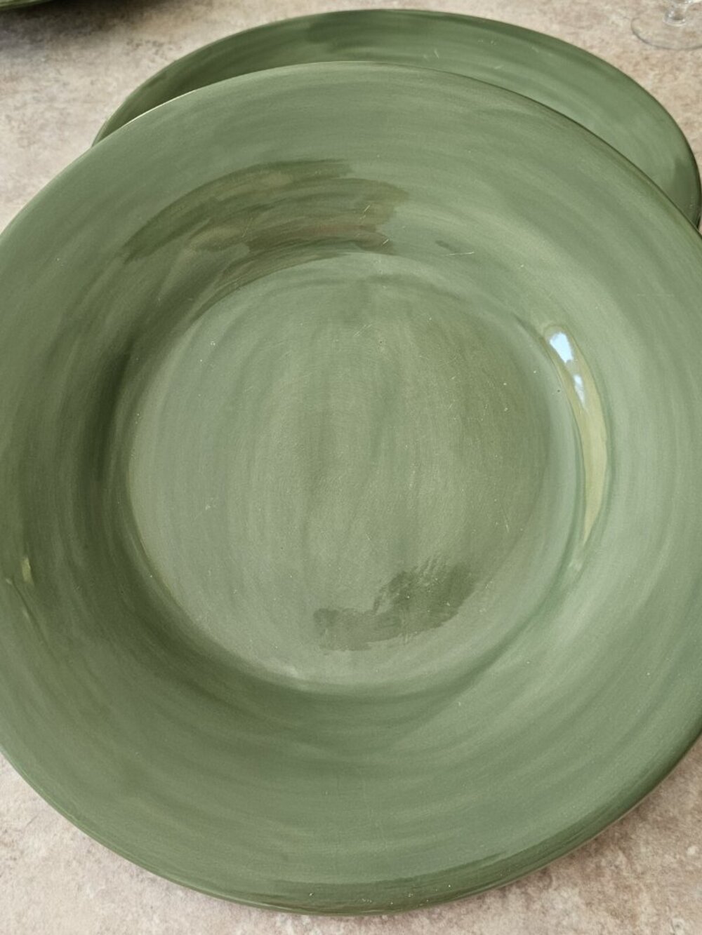 Pottery Barn Sausalito Moss Green Dinner Plates 12" color stoneware set-2 flaw* - Picture 2 of 10